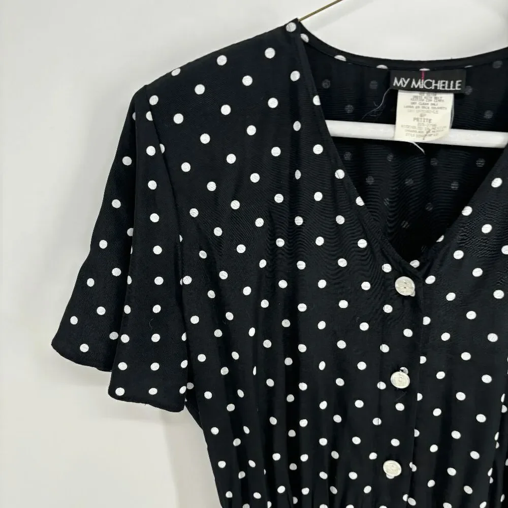 My Michelle Maxi Womens Black White Vtg Polka Dot Short Sleeve button Dress 6p - Picture 2 of 6